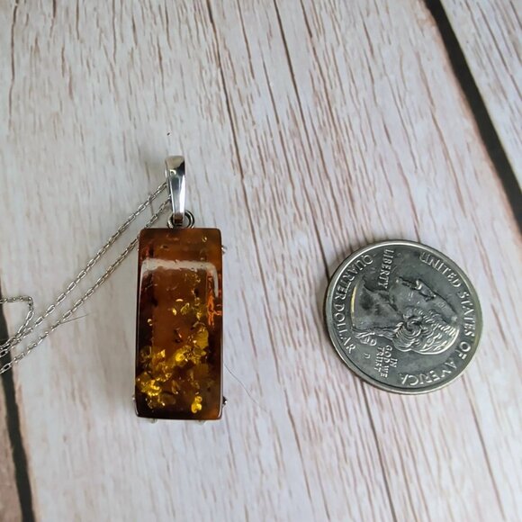 Vintage Cognac Amber Rectangle Pendant Necklace With Sterling Silver Chain - Picture 6 of 8